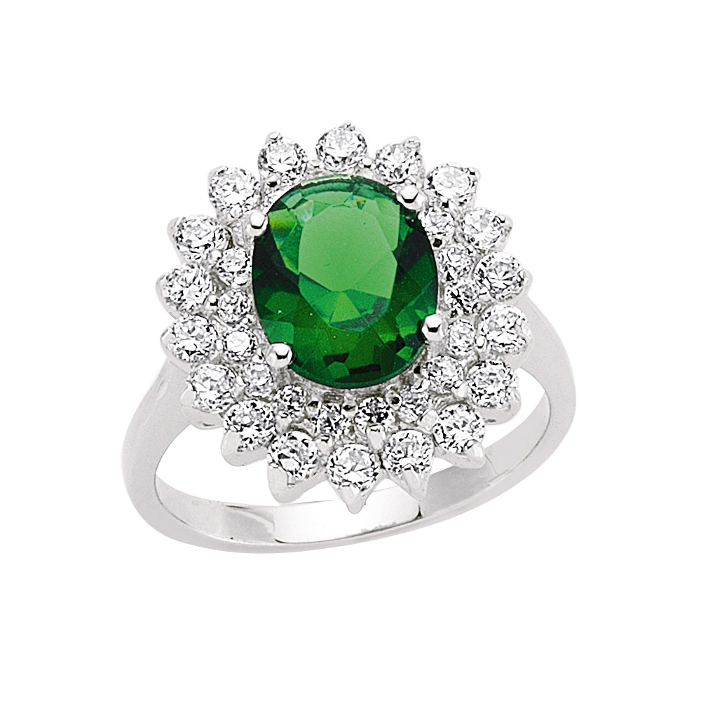 Silver  Green Oval CZ Royal Cluster Solitaire Engagement Ring - GVR302-GRN