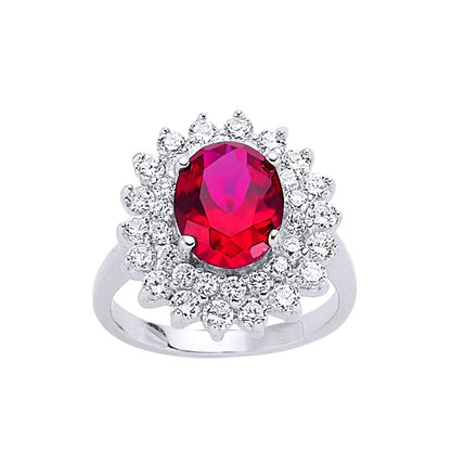 Silver  Red Oval CZ Royal Cluster Solitaire Engagement Ring - GVR302-RUB