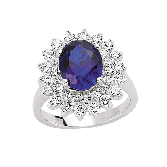 Silver  Sapphire-Blue CZ Princess Diana Kate Royal Engagement Ring - GVR302-SAP