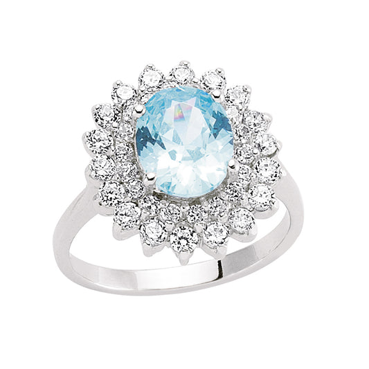 Silver  Light Blue Oval CZ Royal Cluster Engagement Ring - GVR302-TOP