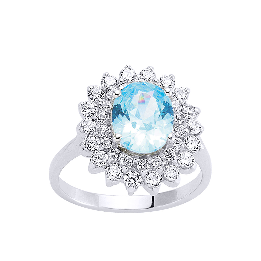 Silver  Light Blue Oval CZ Royal Cluster Engagement Ring - GVR302-TOP