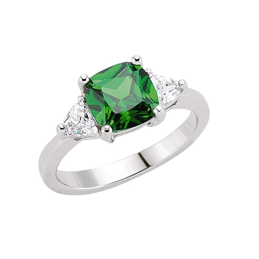 Silver  Green Triangle Cushion CZ Shoulder-Set Solitaire Ring - GVR319-GRN