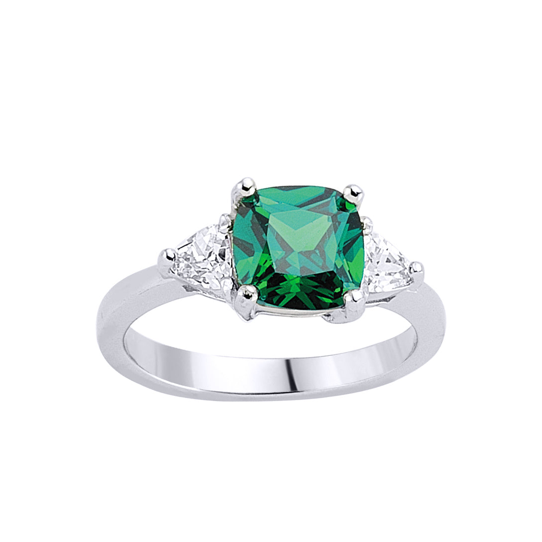 Silver  Green Triangle Cushion CZ Shoulder-Set Solitaire Ring - GVR319-GRN