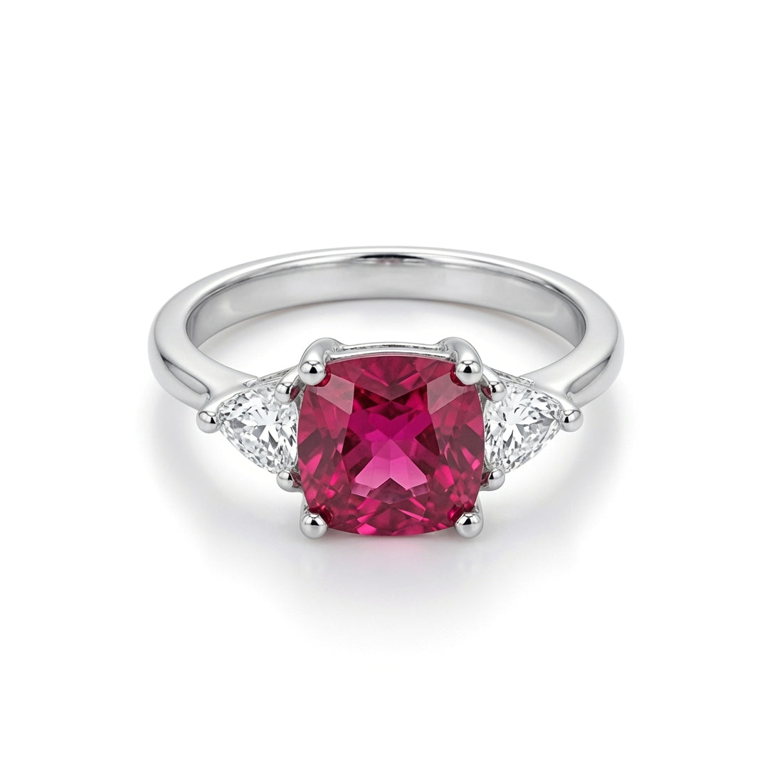 Silver  Red Triangle Cushion CZ 4 Claw Solitaire Engagement Ring - GVR319-RUB