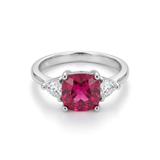 Silver  Red Triangle Cushion CZ 4 Claw Solitaire Engagement Ring - GVR319-RUB