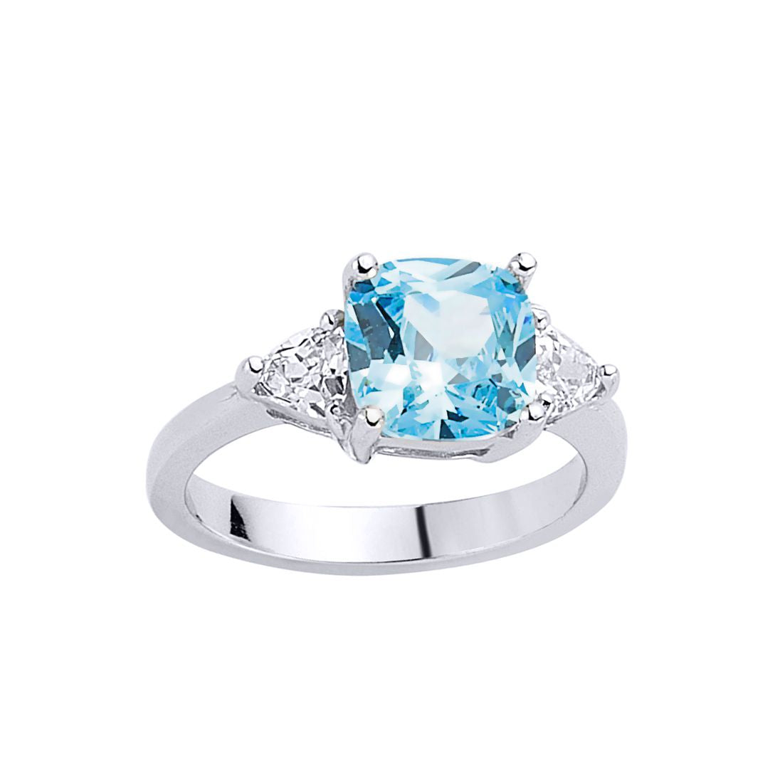 Silver  Light Blue Triangle Cushion CZ Shoulder-Set Ring - GVR319-TOP