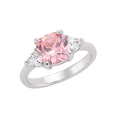 Silver  Pink Cushion and Triangle CZ Shoulder-Set Solitaire Ring - GVR319