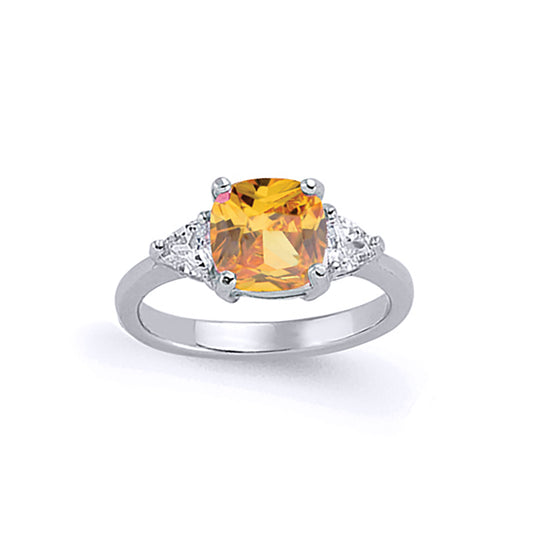 Silver  Golden Yellow Cushion & Triangle CZ Solitaire Dress Ring - GVR319CY