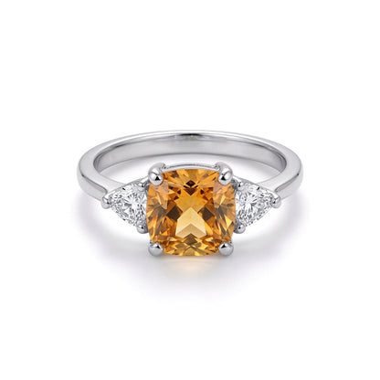 Silver  Golden Yellow Cushion & Triangle CZ Solitaire Dress Ring - GVR319CY