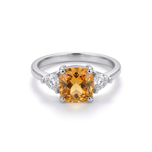 Silver  Golden Yellow Cushion & Triangle CZ Solitaire Dress Ring - GVR319CY