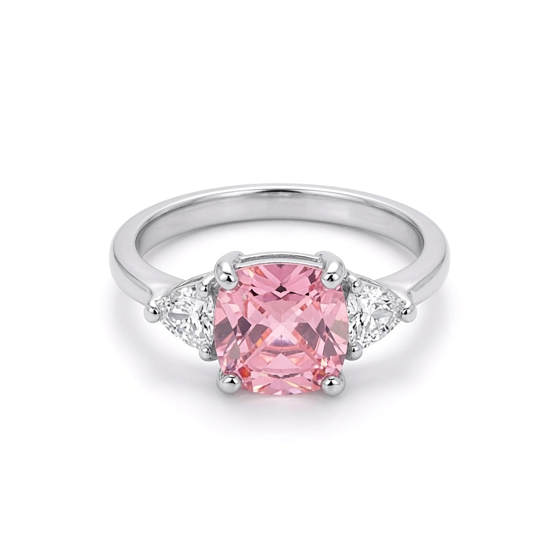 Silver  Pink Cushion and Triangle CZ Shoulder-Set Solitaire Ring - GVR319