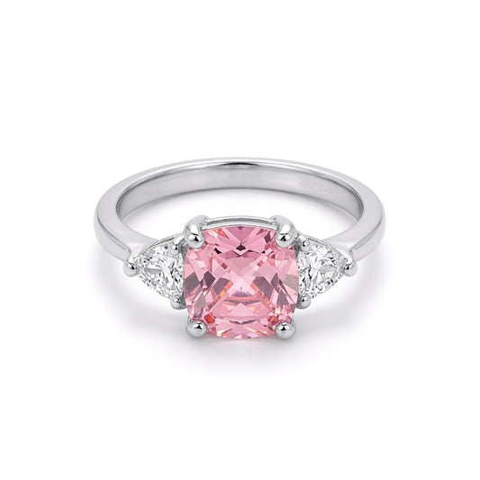 Silver  Pink Cushion and Triangle CZ Shoulder-Set Solitaire Ring - GVR319
