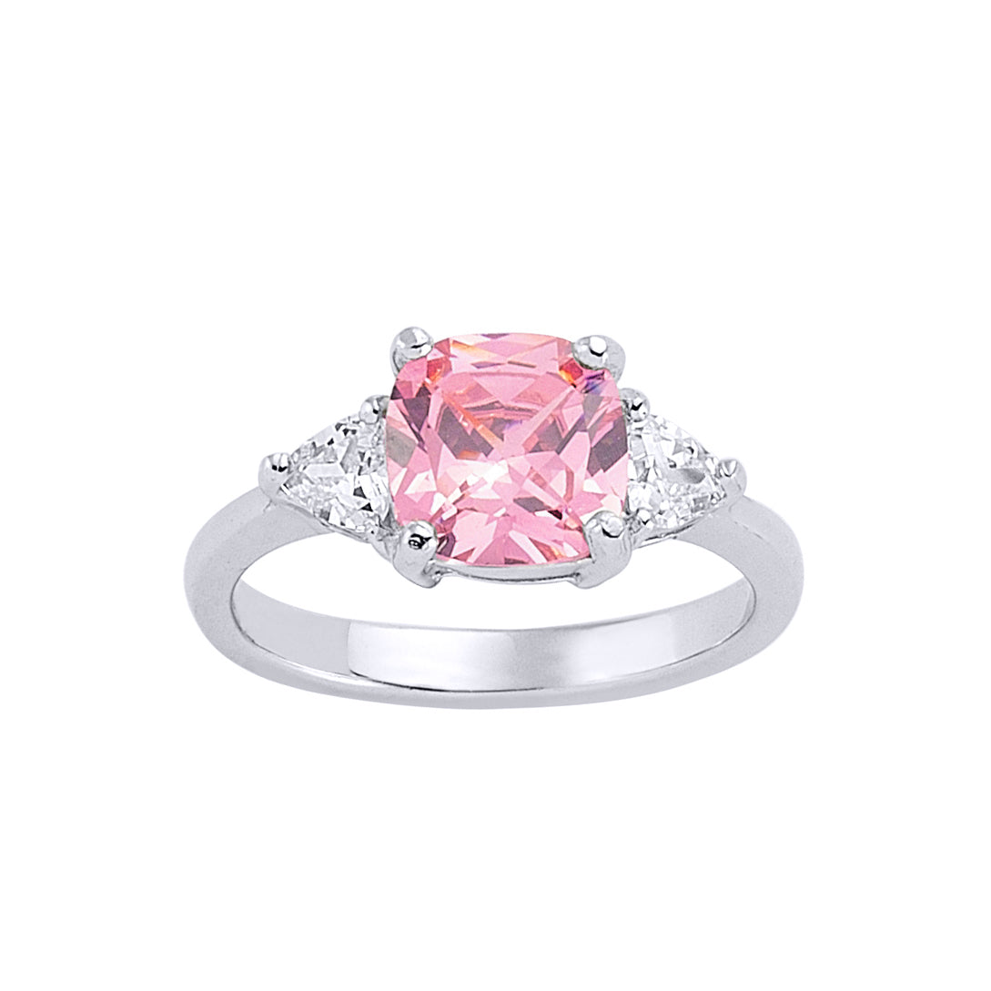 Silver  Pink Cushion and Triangle CZ Shoulder-Set Solitaire Ring - GVR319