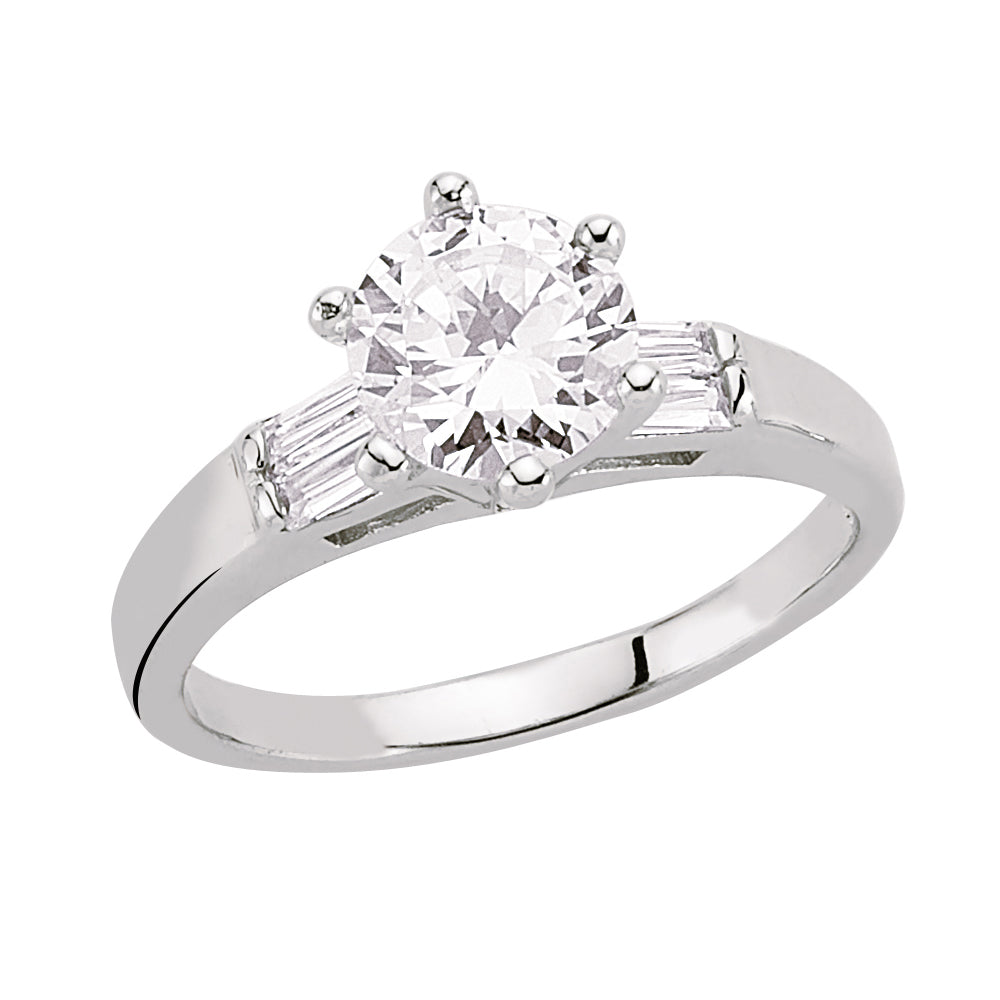 Silver  Baguette CZ Shoulder-Set 6 Claw Solitaire Engagement Ring - GVR345