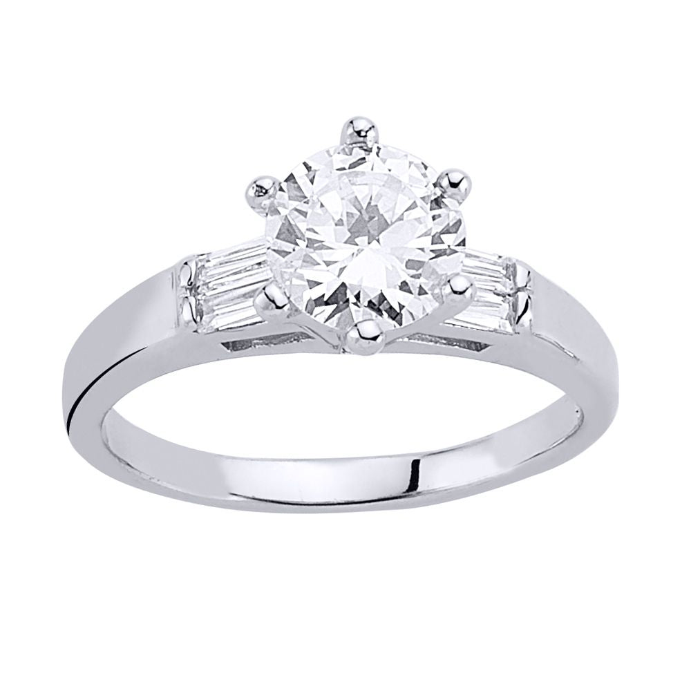 Silver  Baguette CZ Shoulder-Set 6 Claw Solitaire Engagement Ring - GVR345