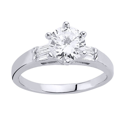 Silver  Baguette CZ Shoulder-Set 6 Claw Solitaire Engagement Ring - GVR345