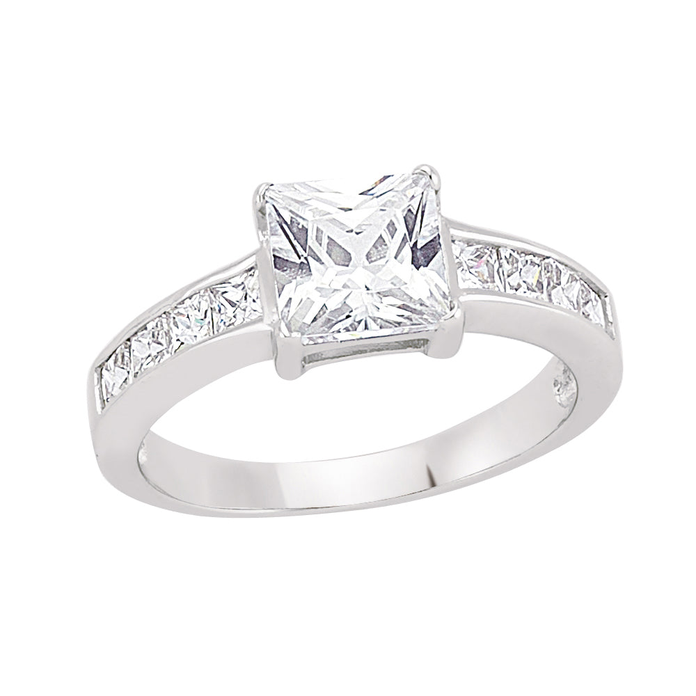 Silver  Square CZ Shoulder-Set 4 Claw Solitaire Engagement Ring - GVR346