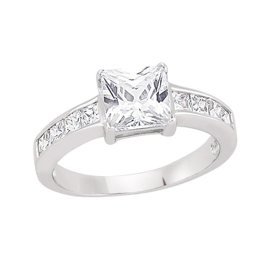Silver  Square CZ Shoulder-Set 4 Claw Solitaire Engagement Ring - GVR346