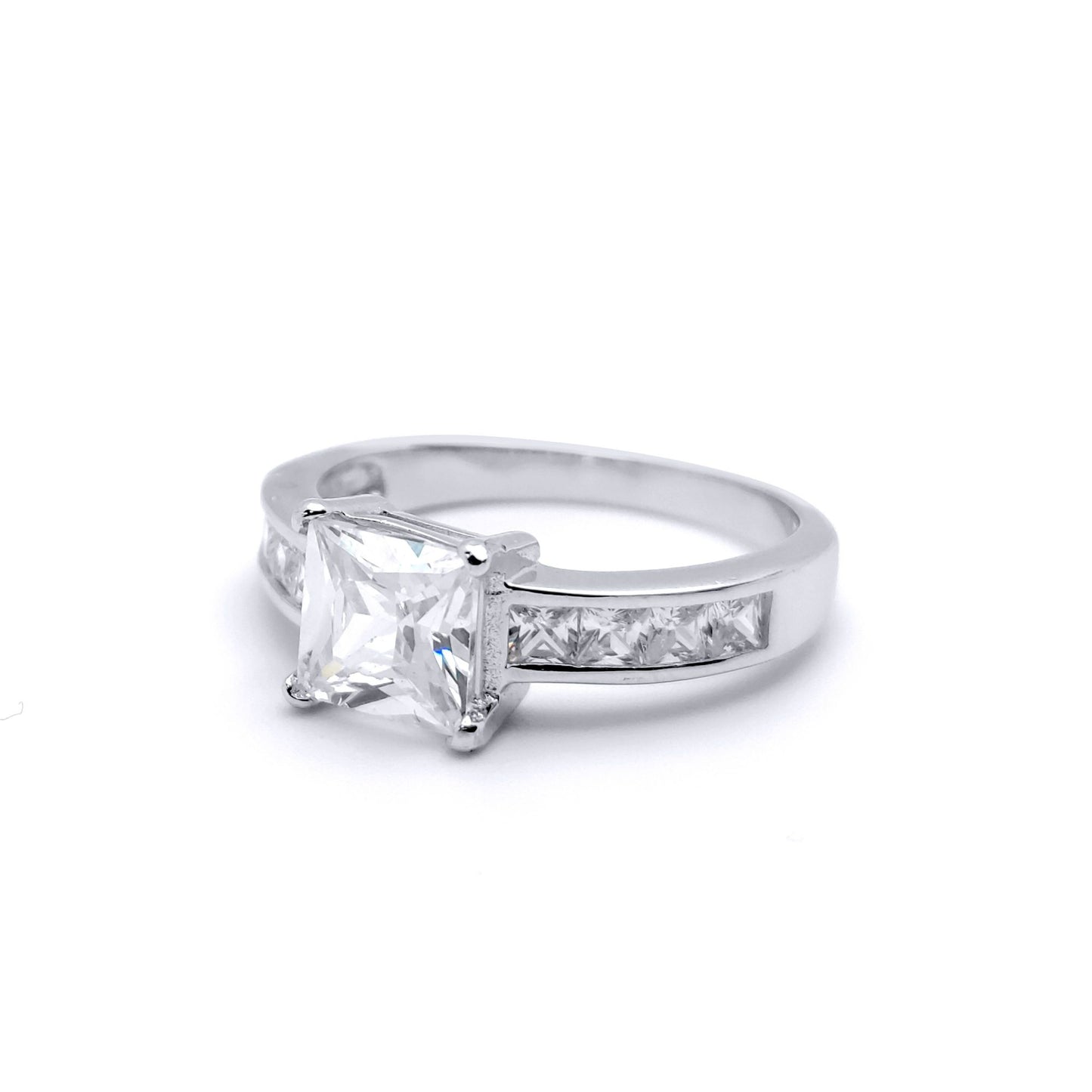 Silver  Square CZ Shoulder-Set 4 Claw Solitaire Engagement Ring - GVR346
