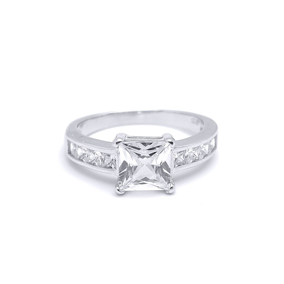 Silver  Square CZ Shoulder-Set 4 Claw Solitaire Engagement Ring - GVR346