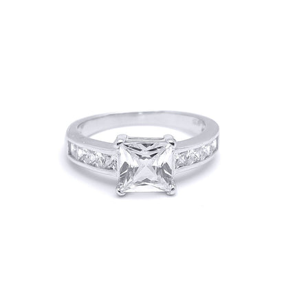 Silver  Square CZ Shoulder-Set 4 Claw Solitaire Engagement Ring - GVR346