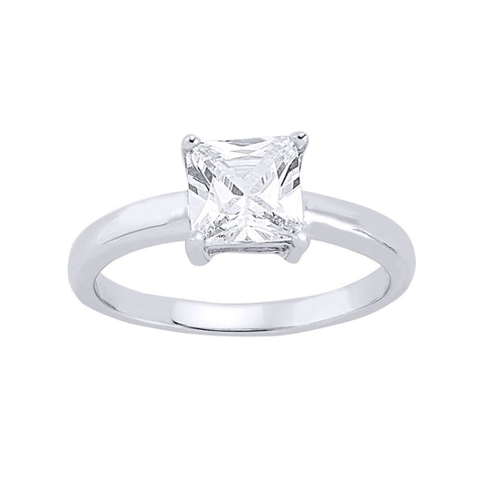 Silver Square CZ 4 Claw Solitaire Engagement Ring - GVR349