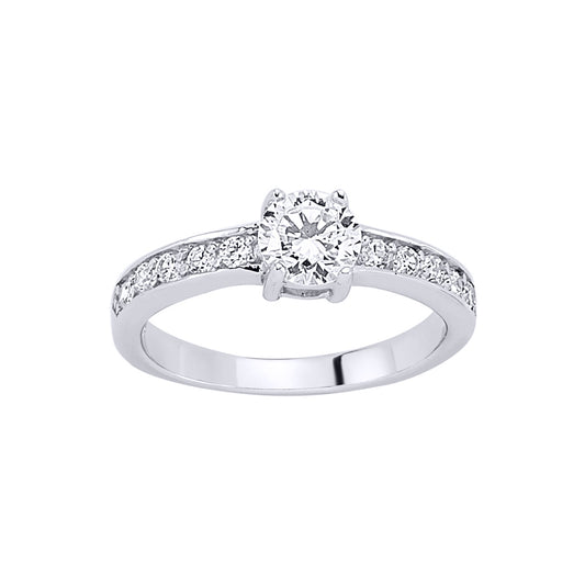 Silver  CZ Shoulder-Set 4 Claw Solitaire Engagement Ring - GVR352