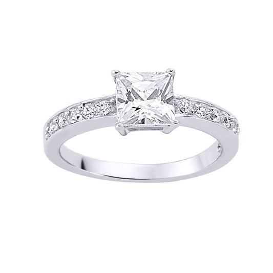 Silver  Square CZ Shoulder-Set Halo Solitaire Engagement Ring - GVR355