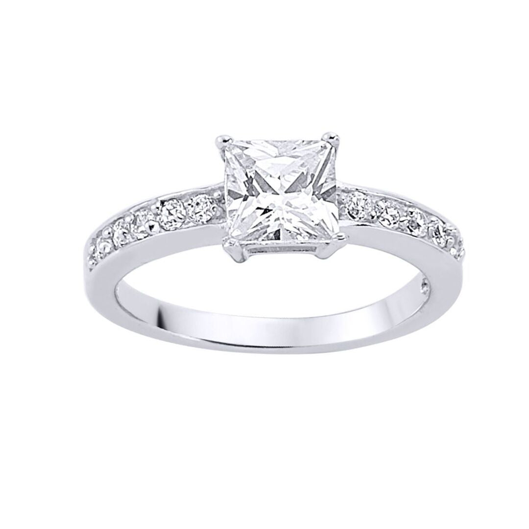 Silver  Square CZ Shoulder-Set Halo Solitaire Engagement Ring - GVR355