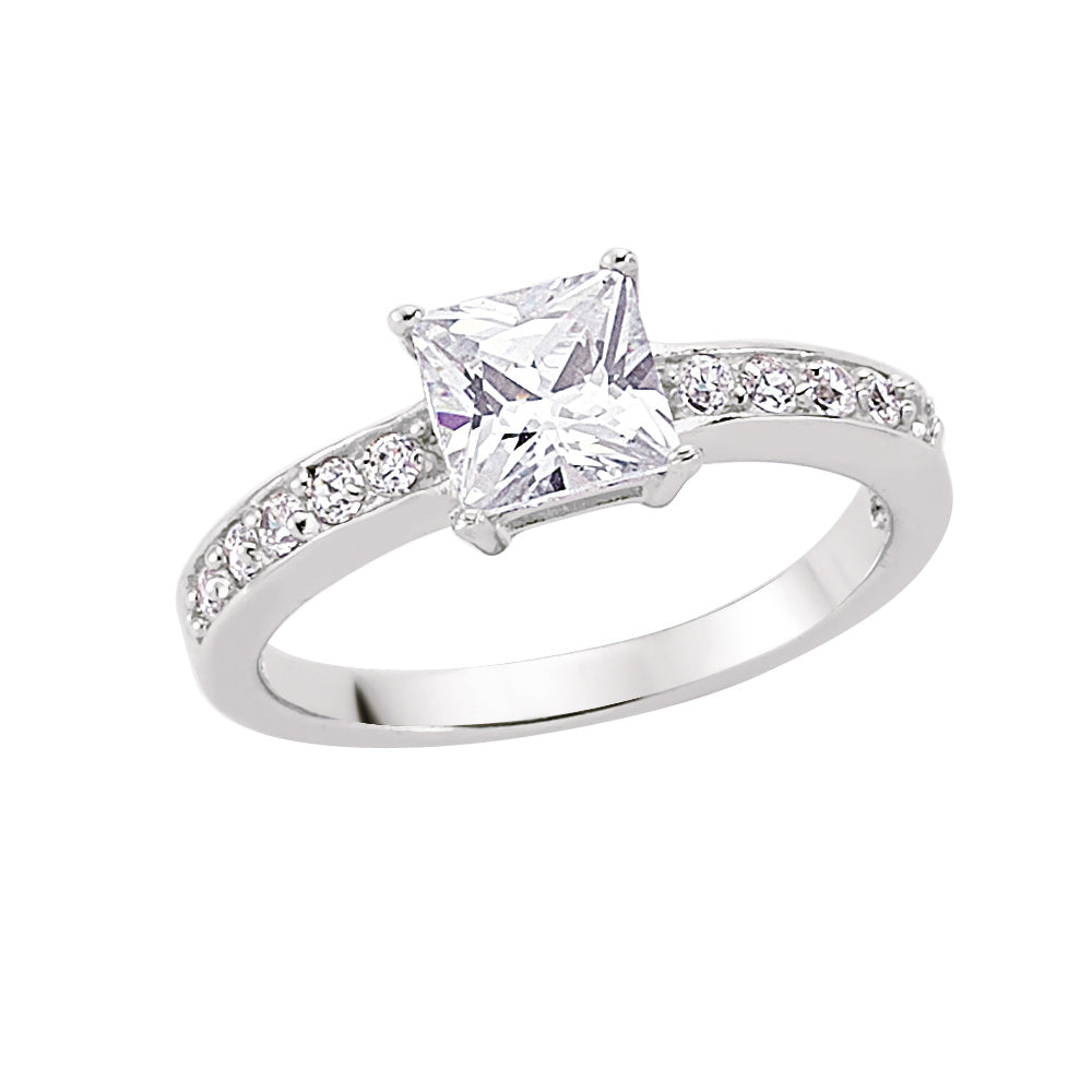 Silver  Square CZ Shoulder-Set Halo Solitaire Engagement Ring - GVR355