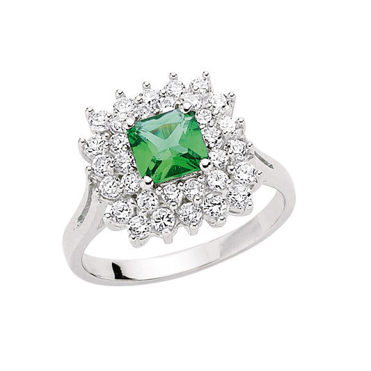 Silver  Green and White Princess Cut and CZ Royal Cluster Ring - GVR396