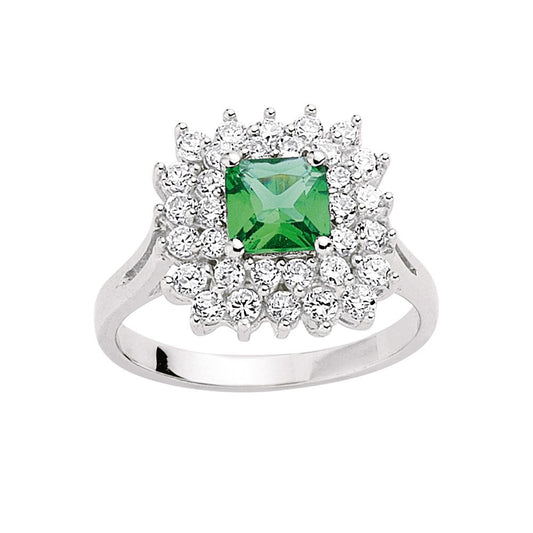 Silver  Green and White Princess Cut and CZ Royal Cluster Ring - GVR396