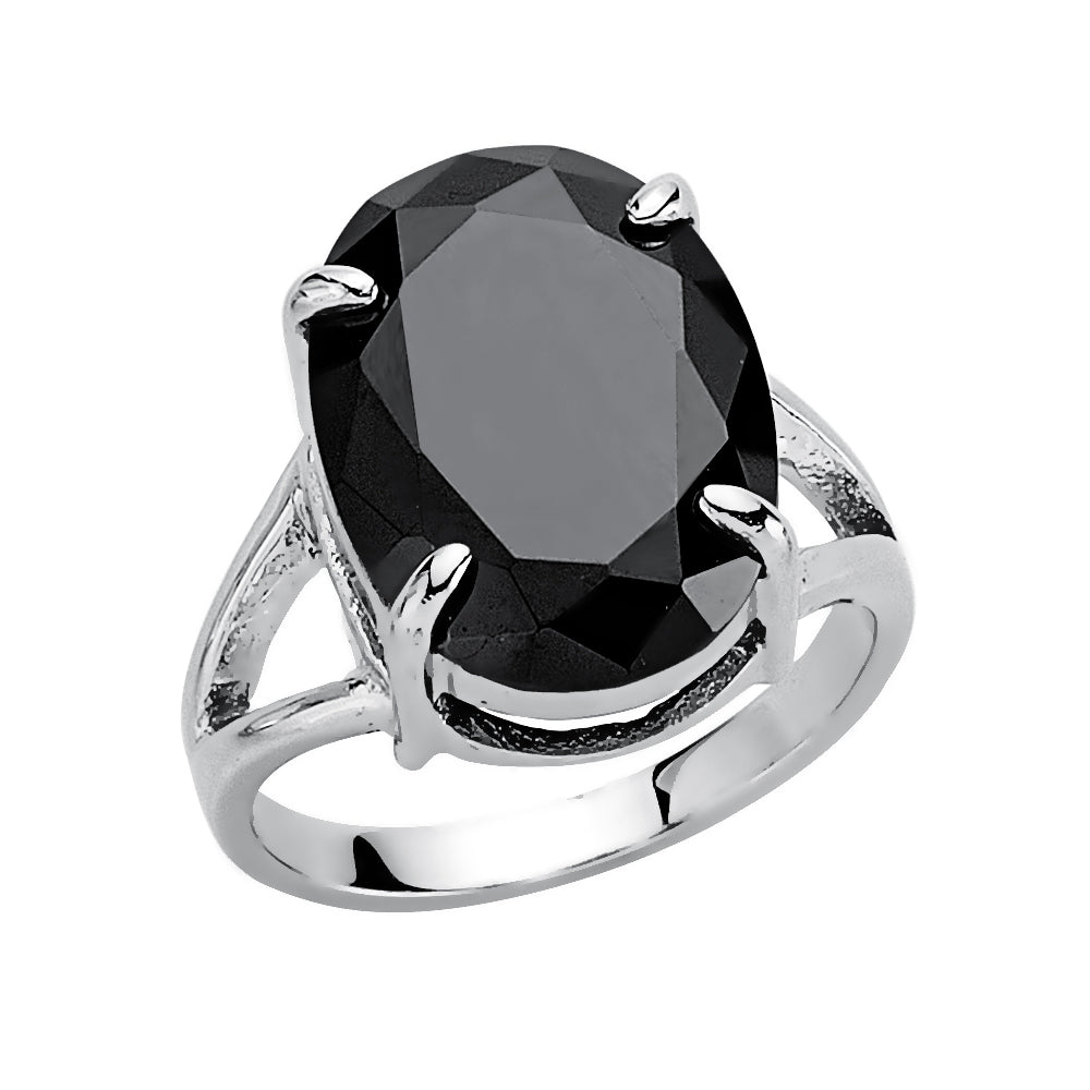Silver  Black Oval CZ Solitaire Ring - GVR414
