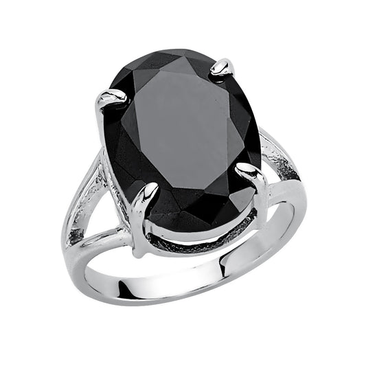 Silver  Black Oval CZ Solitaire Ring - GVR414