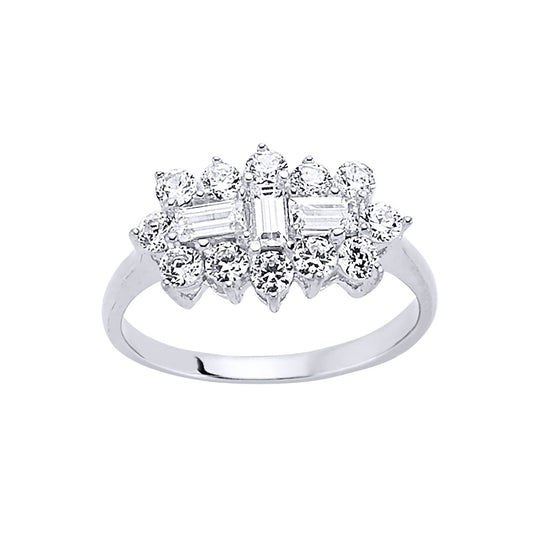 Silver  Baguette CZ Trilogy Boat Cluster Engagement Ring - GVR453