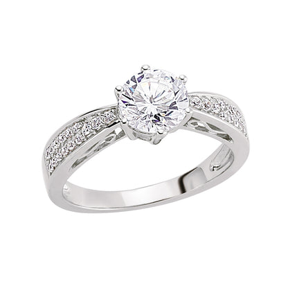 Silver  CZ Shoulder-Set 6 Claw Solitaire Engagement Ring - GVR461