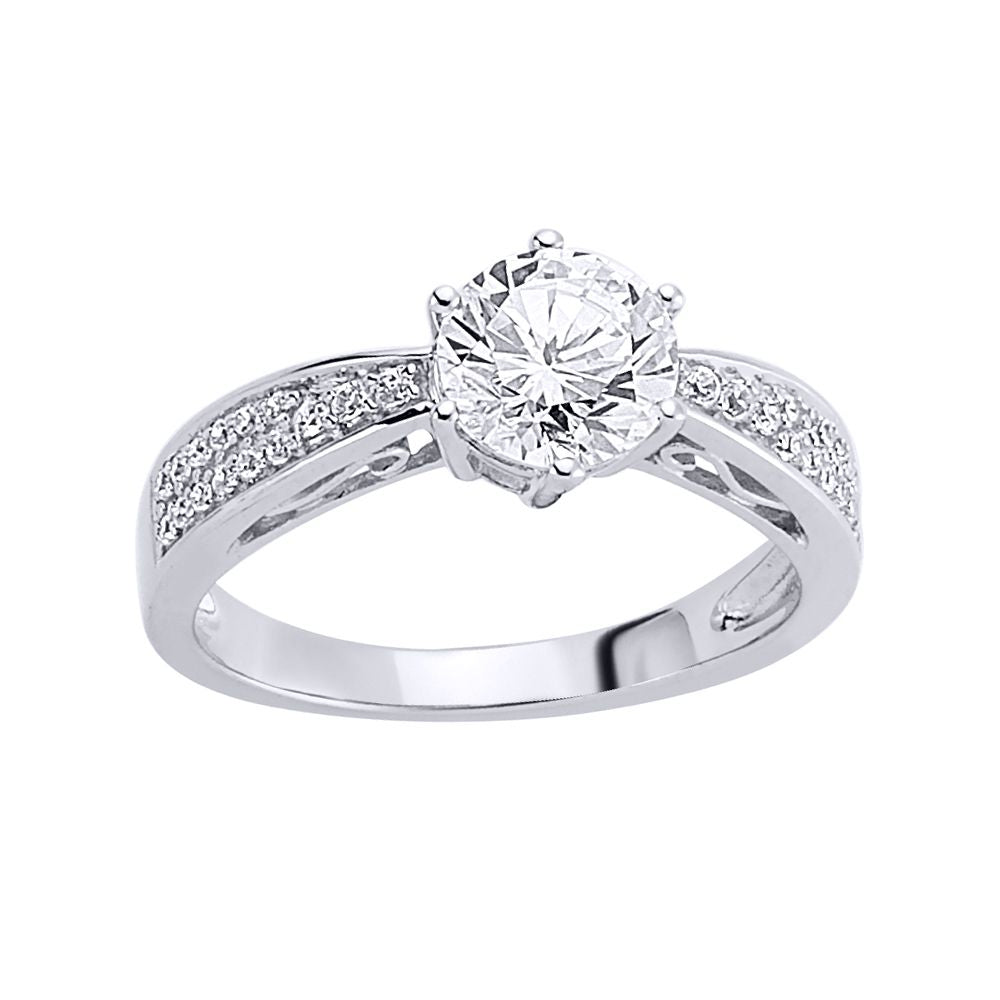 Silver  CZ Shoulder-Set 6 Claw Solitaire Engagement Ring - GVR461