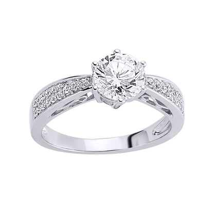 Silver  CZ Shoulder-Set 6 Claw Solitaire Engagement Ring - GVR461