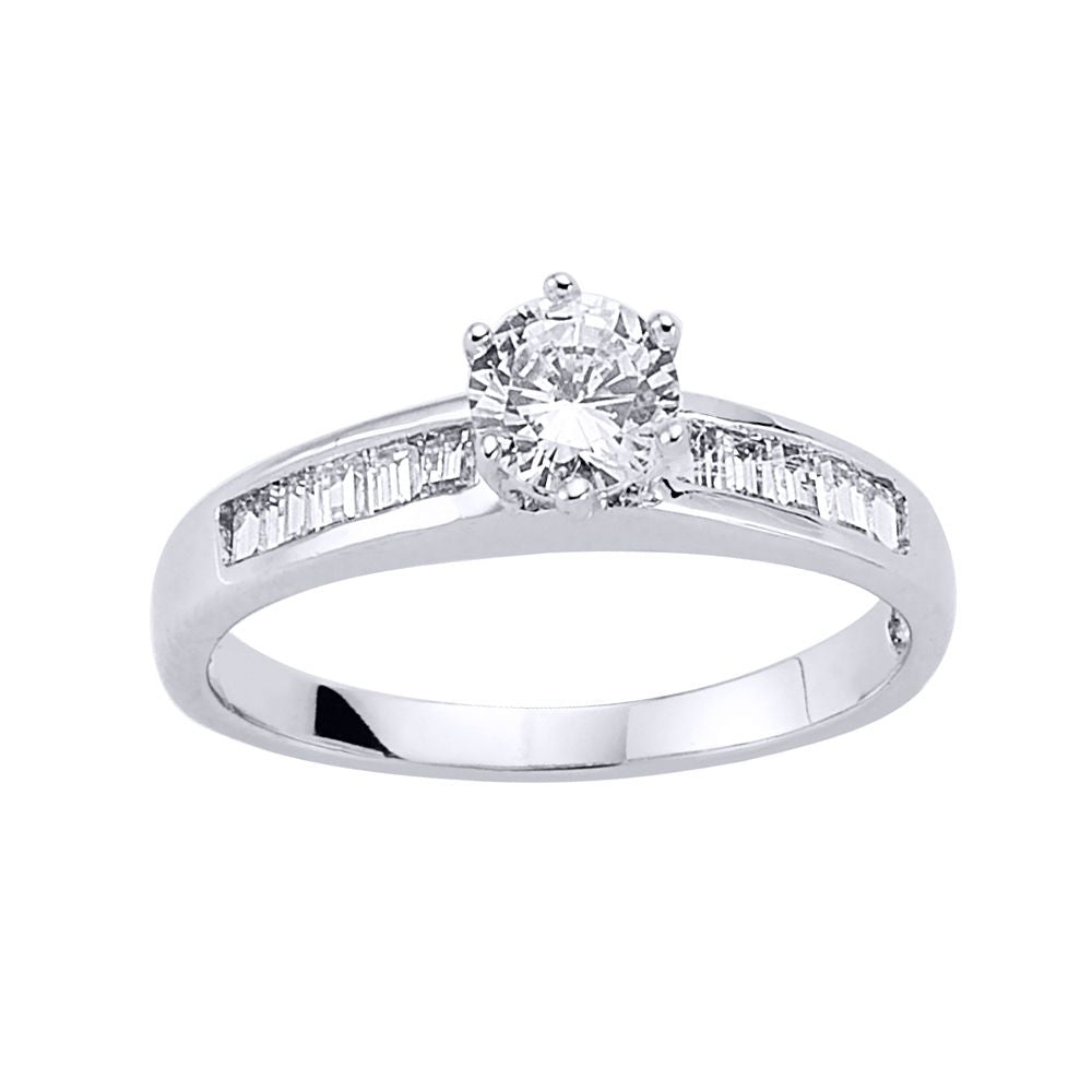 Silver  Baguette CZ Shoulder-Set 6 Claw Solitaire Engagement Ring - GVR471