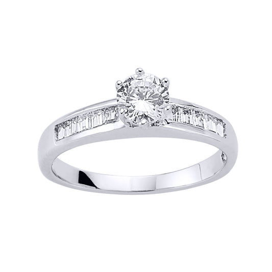 Silver  Baguette CZ Shoulder-Set 6 Claw Solitaire Engagement Ring - GVR471