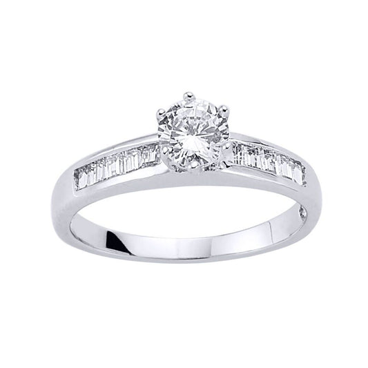 Silver  Baguette CZ Shoulder-Set 6 Claw Solitaire Engagement Ring - GVR471