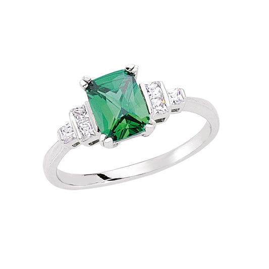 Silver  Green Emerald and Princess CZ Solitaire Engagement Ring - GVR476