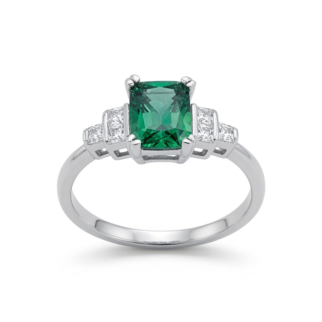 Silver  Green Emerald and Princess CZ Solitaire Engagement Ring - GVR476