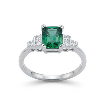 Silver  Green Emerald and Princess CZ Solitaire Engagement Ring - GVR476