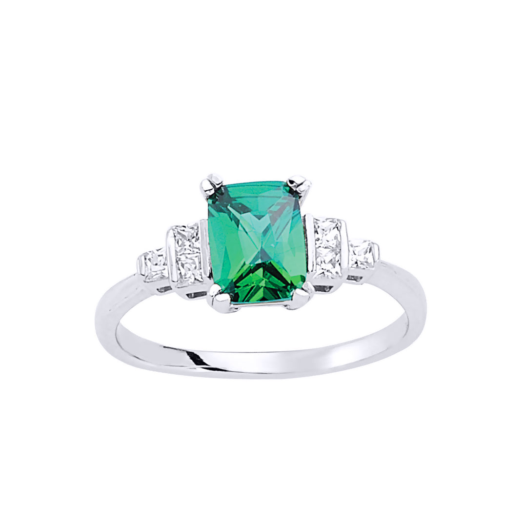 Silver  Green Emerald and Princess CZ Solitaire Engagement Ring - GVR476