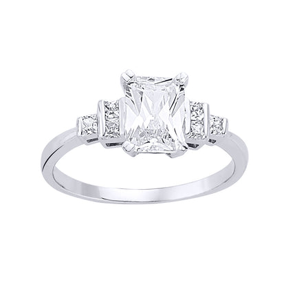 Silver  Emerald and Princess Cut CZ Solitaire Engagement Ring - GVR477