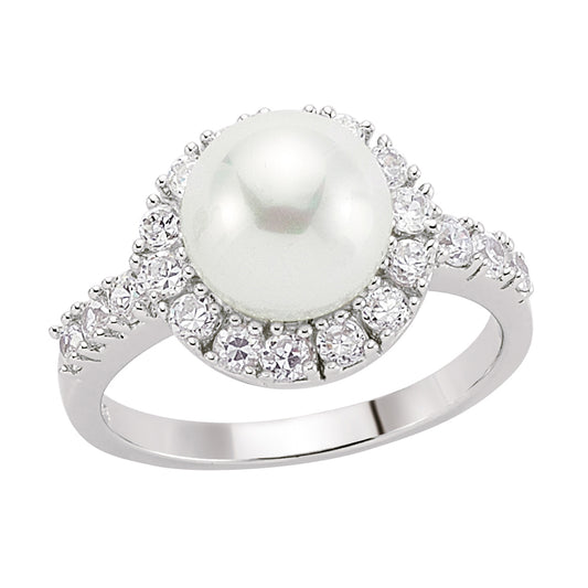 Silver  CZ Pearl Halo Full Moon Dress Ring 10mm - GVR534