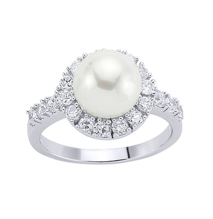 Silver  CZ Pearl Halo Full Moon Dress Ring 10mm - GVR534