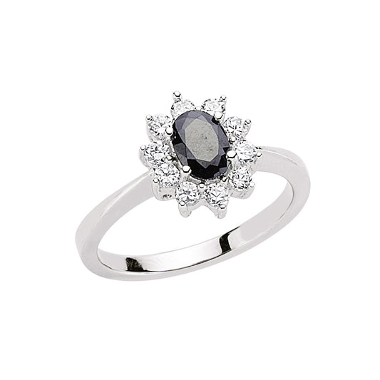 Silver  Black Oval CZ Cluster Cocktail Engagement Ring - GVR535