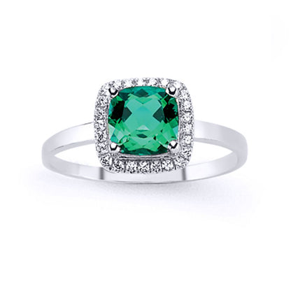 Silver  Green Cushion CZ Halo Cluster Solitaire Engagement Ring - GVR548EM